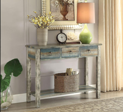 WHITE AND TEAL WOODEN CONSOLE TABLE