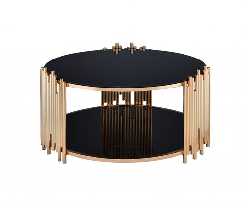 BLACK GLASS AND GOLD COFFEE TABLE