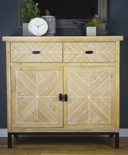 WHITE WASHED PARQUET WOOD SIDEBOARD