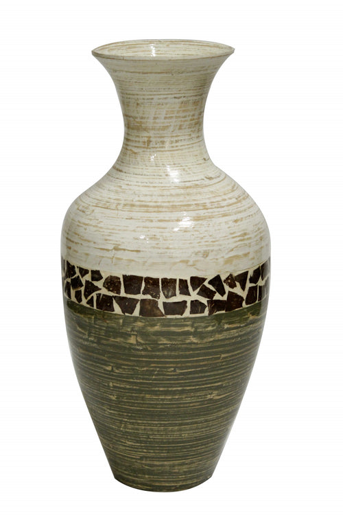 WHITE AND GREEN W/ COCONUT SHELL BAMBOO FLOOR VASE