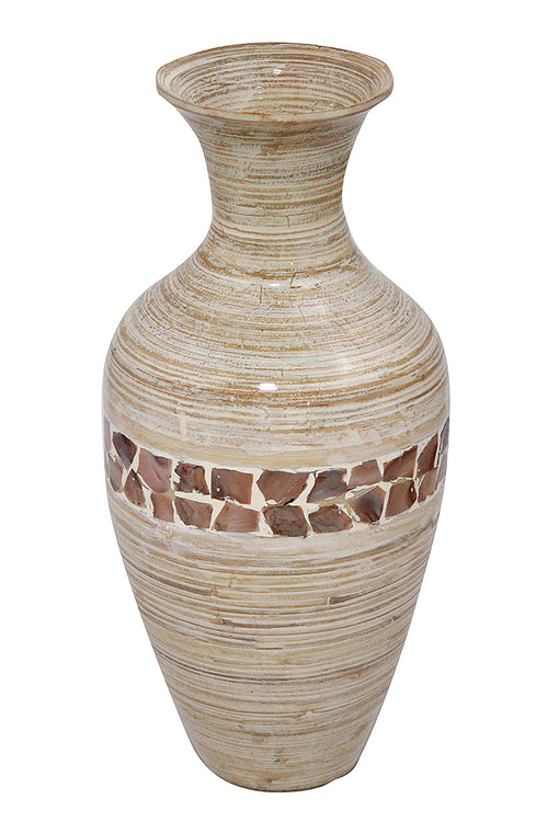 DISTRESSED WHITE W/ COCONUT SHELL BAMBOO FLOOR VASE