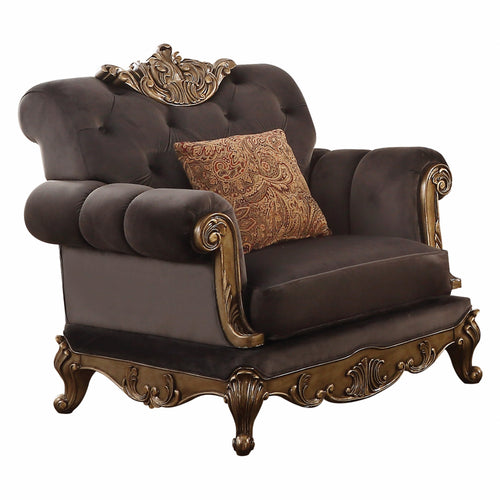 CHARCOAL FABRIC AND ANTIQUE GOLD CHAIR