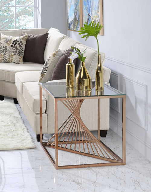 BRUSHED COPPER AND CLEAR GLASS SIDE TABLE