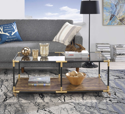 BLACK, GOLD AND SMOKY GLASS COFFEE TABLE