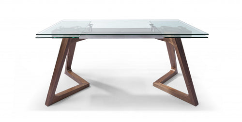 WALNUT GLASS AND STEEL DINING TABLE