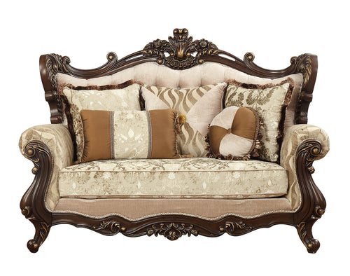 WALNUT WOOD LOVESEAT WITH 5 PILLOWS