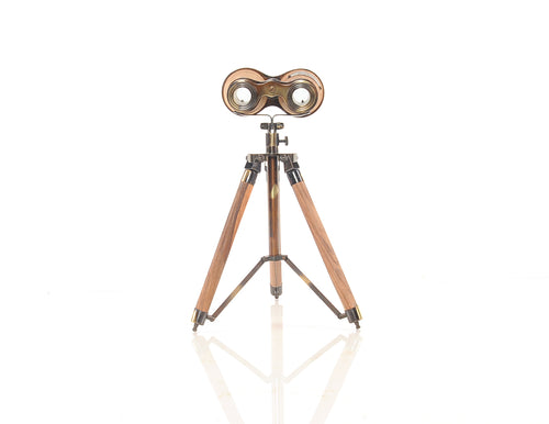 WOOD BRASS BINOCULAR ON STAND