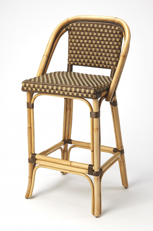BROWN AND BEIGE RATTAN BAR STOOL