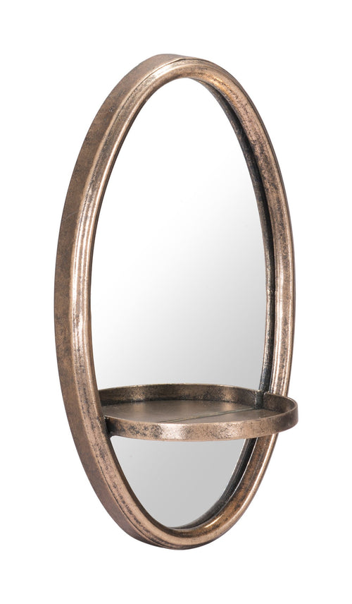 ANTIQUED GOLD OVAL MIRROR WITH PETITE SHELF