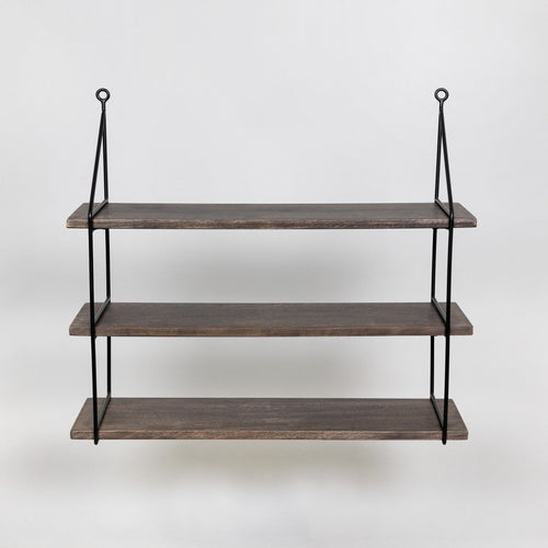 THREE TIER WOOD AND METAL HANGING WALL SHELF