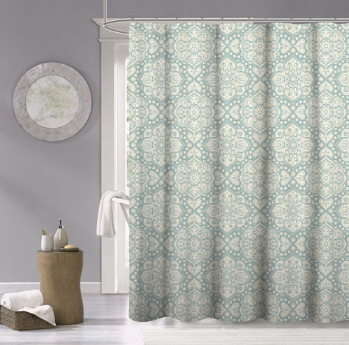 TEAL AND CREAM MEDALLION LATTICE SHOWER CURTAIN