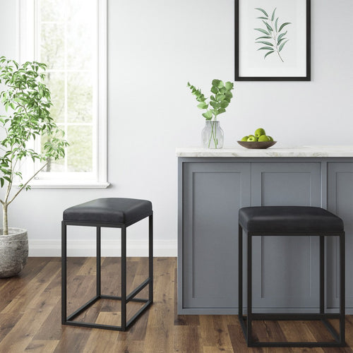 MODERN GEO BLACK LEATHER BAR STOOLS (SET OF 2)