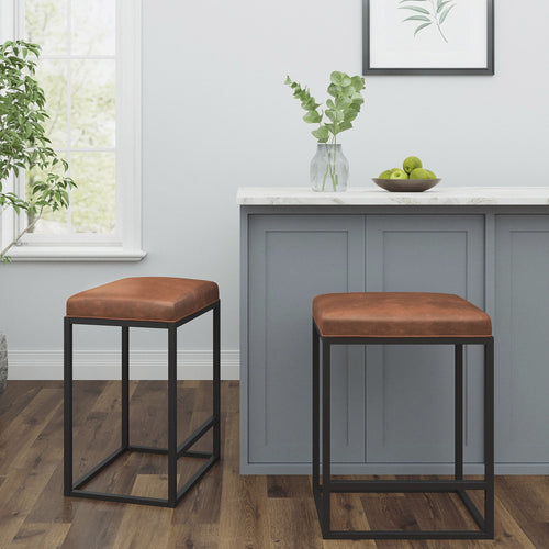 MODERN GEO BROWN LEATHER BAR STOOLS (SET OF TWO)