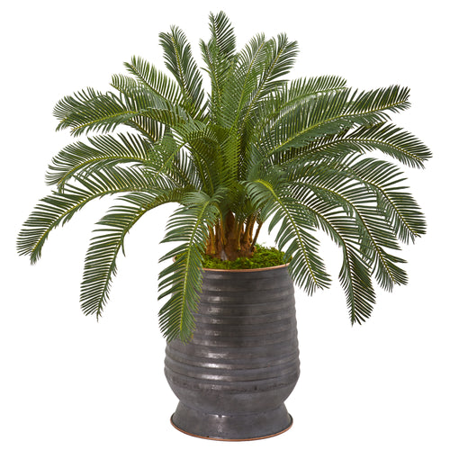 31” CYCAS ARTIFICIAL PLANT IN RIBBED METAL PLANTER