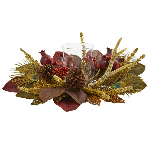 MAGNOLIA, BERRY, ANTLER AND PEACOCK FEATHER ARTIFICIAL CANDELABRUM