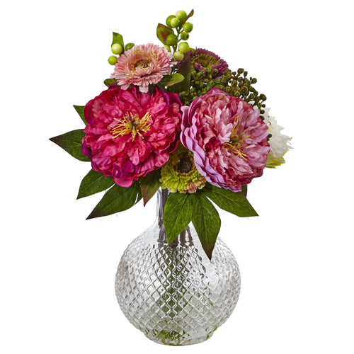 PEONY AND MUM IN GLASS VASE