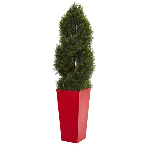 4.5’ DOUBLE POND CYPRESS SPIRAL ARTIFICIAL TREE IN RED PLANTER