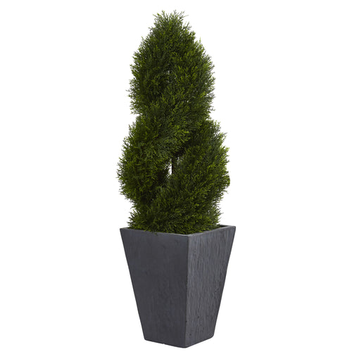 4’ CYPRESS DOUBLE SPIRAL TOPIARY ARTIFICIAL TREE IN SLATE PLANTER