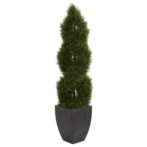 5’ DOUBLE CYPRESS SPIRAL TOPIARY ARTIFICIAL TREE IN BLACK PLANTER