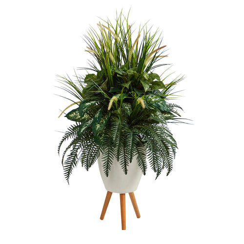 4.5’ MIXED GREENS ARTIFICIAL PLANT IN WHITE PLANTER WITH LEGS