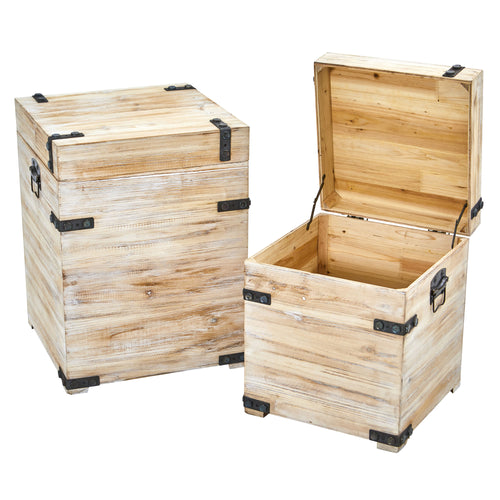 DECORATIVE WHITE WASH STORAGE BOXES-TRUNKS WITH METAL DETAIL (SET OF 2)