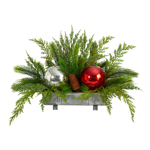 HOLIDAY WINTER CEDAR PINE ARTIFICIAL TABLE CHRISTMAS ARRANGEMENT WITH ORNAMENTS, HOME DÉCOR