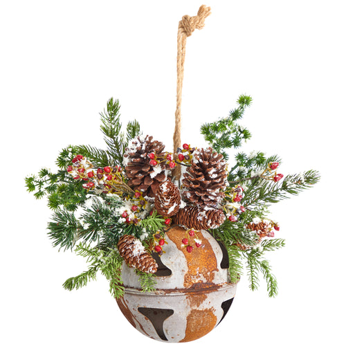 HOLIDAY CHRISTMAS JUMBO METAL BELL ORNAMENT WITH ARTIFICIAL HOLLY, BERRIES AND PINE