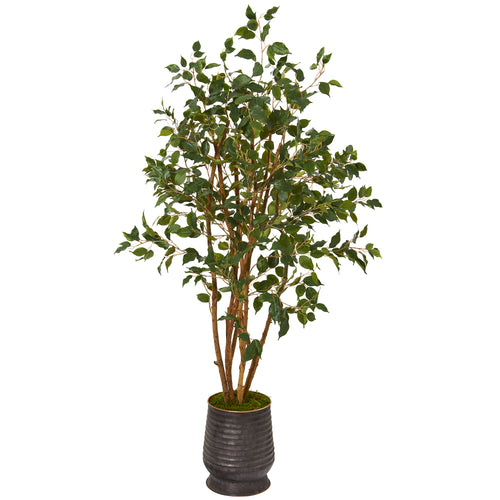 4.5’ FICUS ARTIFICIAL TREE IN RIBBED METAL PLANTER