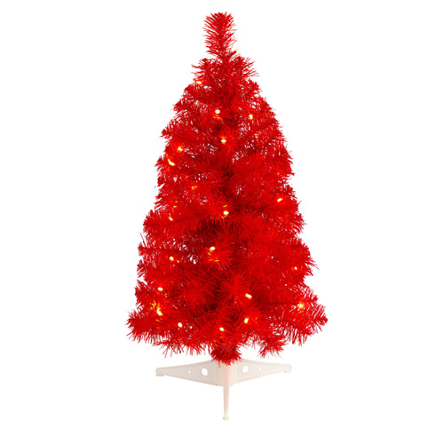 RED ARTIFICIAL CHRISTMAS TREE WITH LED LIGHTS AND BENDABLE BRANCHES