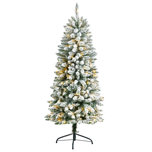 SLIM FLOCKED MONTREAL FIR TREE WITH WARM WHITE LED LIGHTS AND BENDABLE BRANCHES