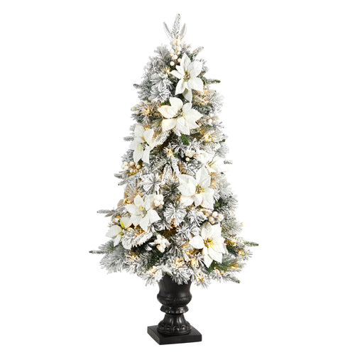 FLOCKED ARTIFICIAL CHRISTMAS TREE WITH BENDABLE BRANCHES AND WARM LIGHTS IN DECORATIVE URN