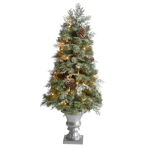 ENGLISH PINE TREE WITH WARM WHITE LED LIGHTS AND BENDABLE BRANCHES IN DECORATIVE URN