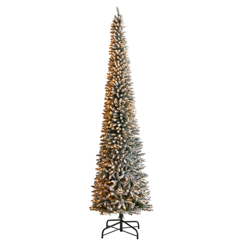 FLOCKED PENCIL ARTIFICIAL CHRISTMAS TREE WITH CLEAR LIGHTS AND BENDABLE BRANCHES