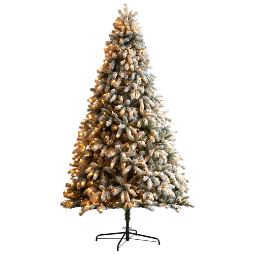 FLOCKED SOUTH CAROLINA SPRUCE CHRISTMAS TREE WITH CLEAR LIGHTS AND BENDABLE BRANCHES