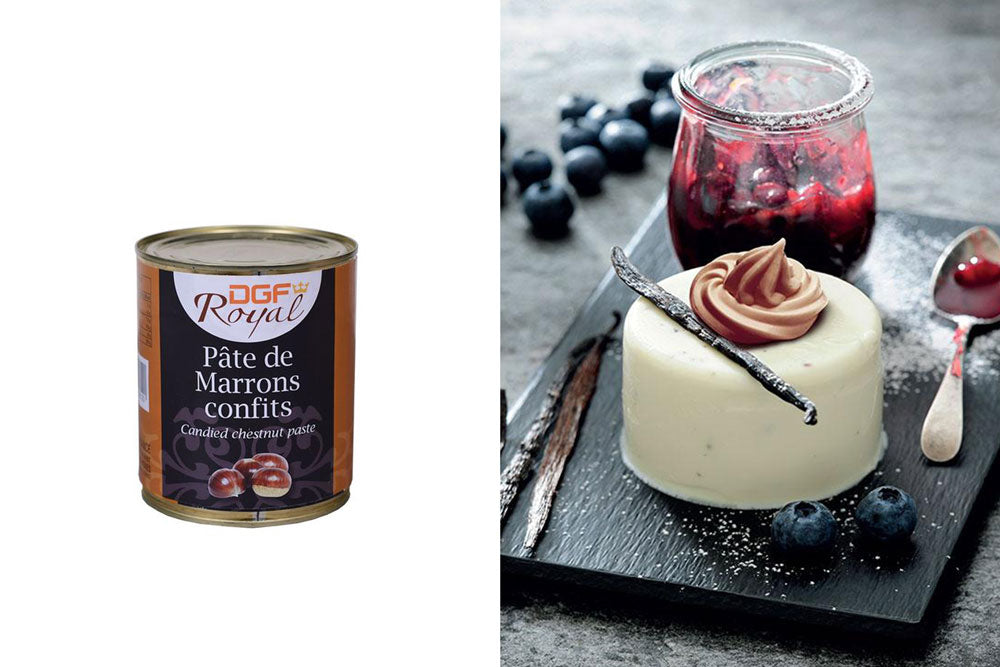Two images: the left image is a can labeled "pate de marrons confits". The right image is of a White mousse cake with Candied chestnut paste on top, with a bowl of black currant in the background. 