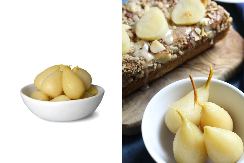 Two images: the left image is a white bowl of whole baby pears in syrup. The right image is of a small white bowl of baby pears with an almond loaf topped with shaved almonds and slice baby pears. 