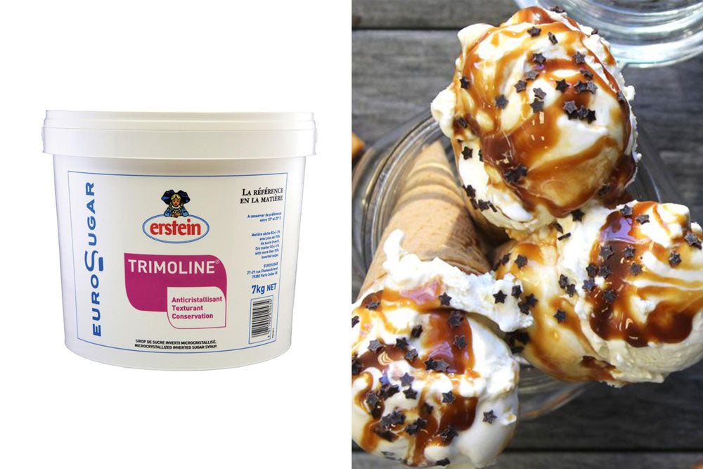 Two images: the left image is a white tub labeled "trimoline". The right image is of three ice cream cones in a jar with caramel syrup and chocolate star sprinkles. 