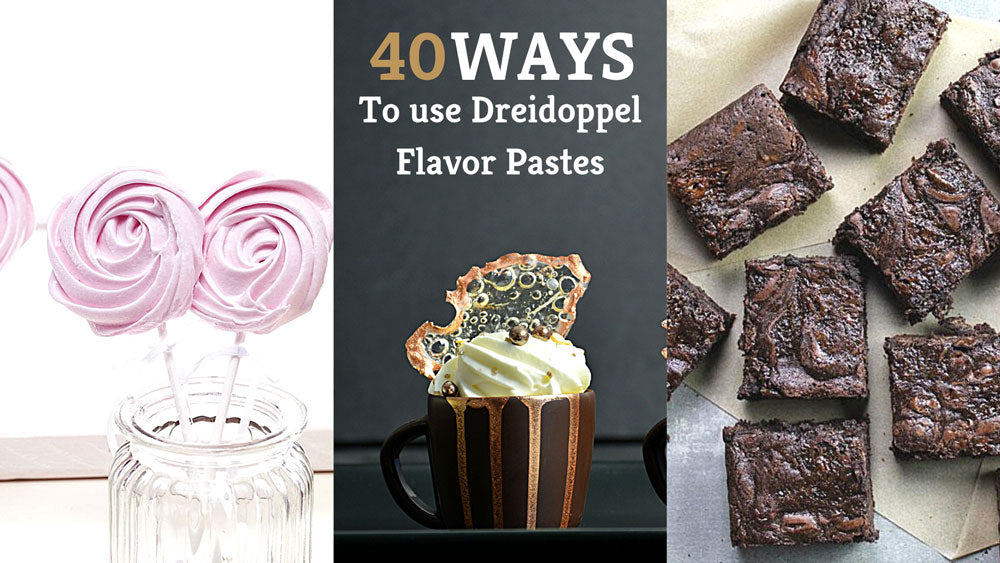 Collection of images titled "40 ways to use Dreidoppel Flavor Pastes". The left most image has pink meringue lollipops against a white backdrop. The middle image has a chocolate mug moose cup with caramelized sugar decor. The left most image is of brownies on a table. 