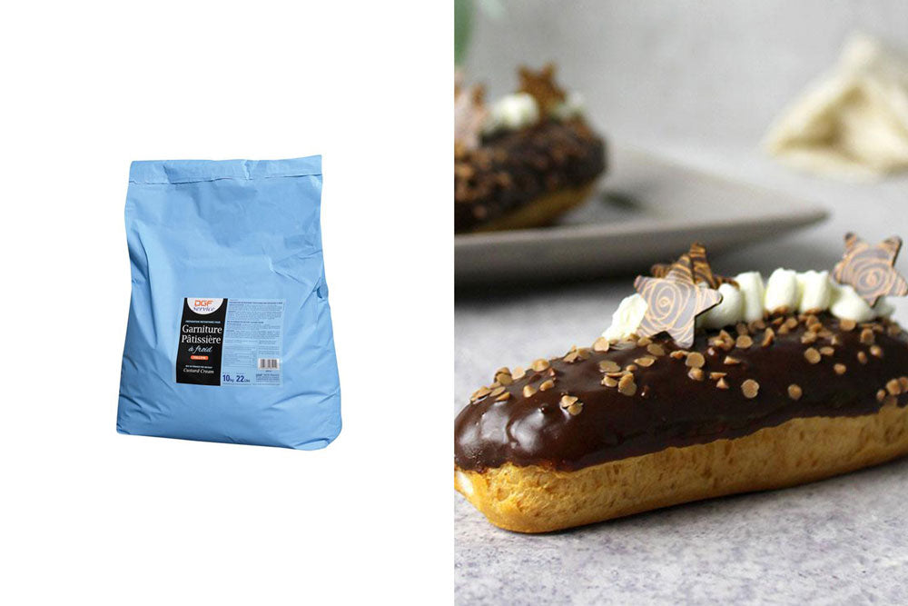 Two images: The left image is of a blue bag labeled "Garniture Patissiere a froid". The left image is of an eclair decorated with chocolate stars, caramel sprinkles, and marshmallows. 