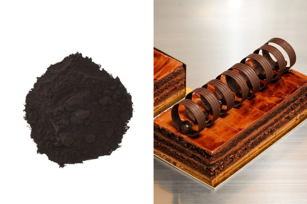 Two images: The left image is a pile of black cocoa powder. The left image is of a layered Espresso chocolate cake with large chocolate curls on top. 