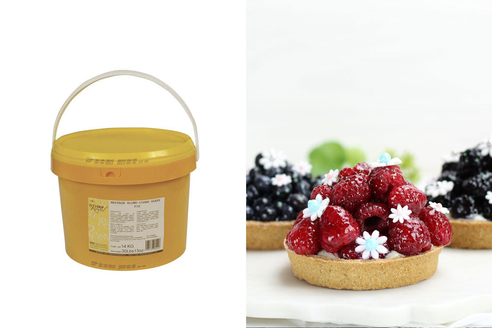 Two images: The left image is of a large yellow tub labeled "Nappage Blonde-Clear Glaze fix". The right image is or berry tarts with flower decor against a white backdrop. 
