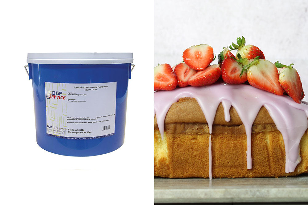 Two images: The left image is a large blue tub labeled "White pastry icing". The right image is a loaf pound cake with dripping purple icing and fresh strawberries on top, sitting on a marble counter against a white backdrop. 