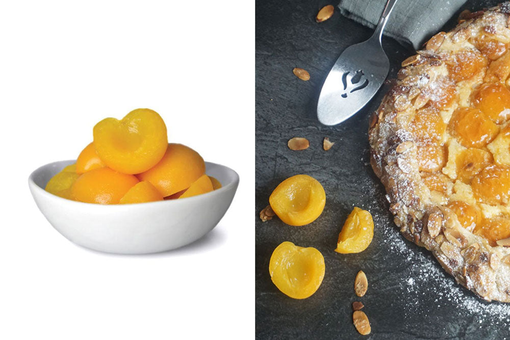 Two images: The left image is a white bowl of Apricot halves in light syrup. The right image is an apricart tart half cut-off on a charcoal table. A silver spatula sits on a gray napkin above the tart, with three apricot halves next to the tart. 