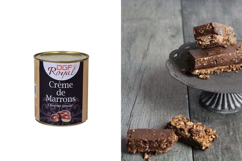 Two images: The left image is a can labeled "Creme de marrons". The right image is of praline chocolate granola bars on a wooden counter. 