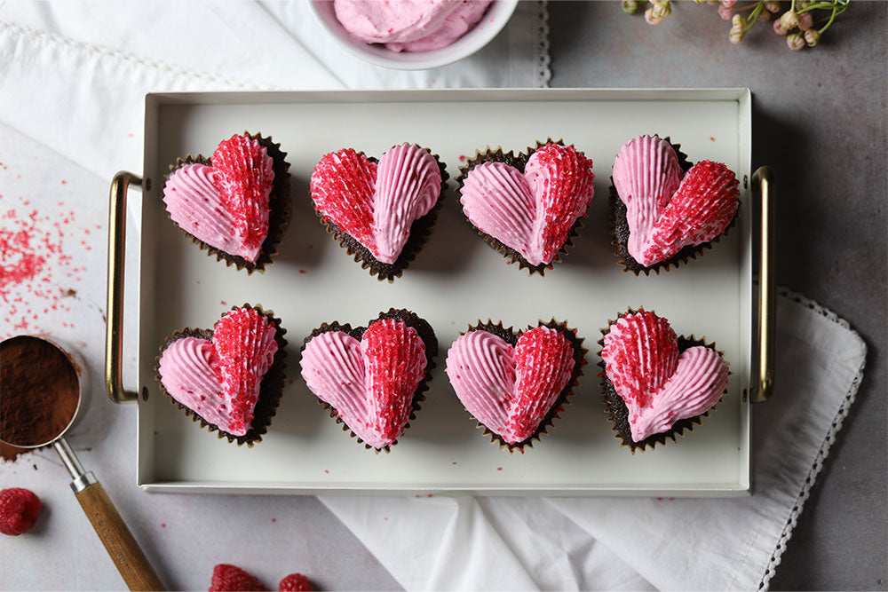 Image of raspberry jam filled chocolate cupcakes with raspberry mousse