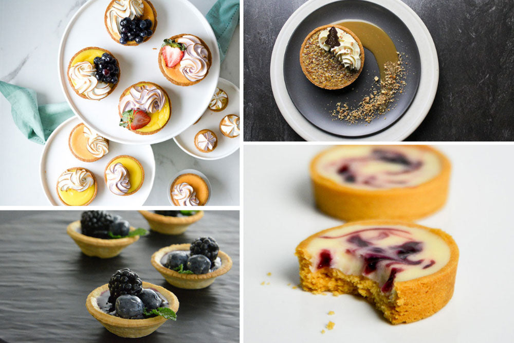 Collage of Lemon Meringue Tarts, Pecan Graham Cracker Tart, Blackberry Blueberry Fruit Jam Tarts, and Amarena Cherry Swirl Shorty Tarts 