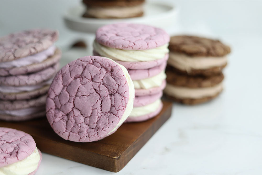 Close up photo of Raspberry Lemon Crinkle Sandwich Cookies