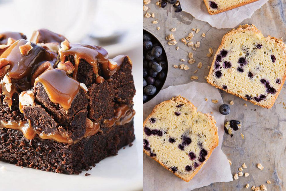 Two images: Left image is a brownie covered in caramel sauce and walnuts. The right image is of slices of blueberry pound cake. 