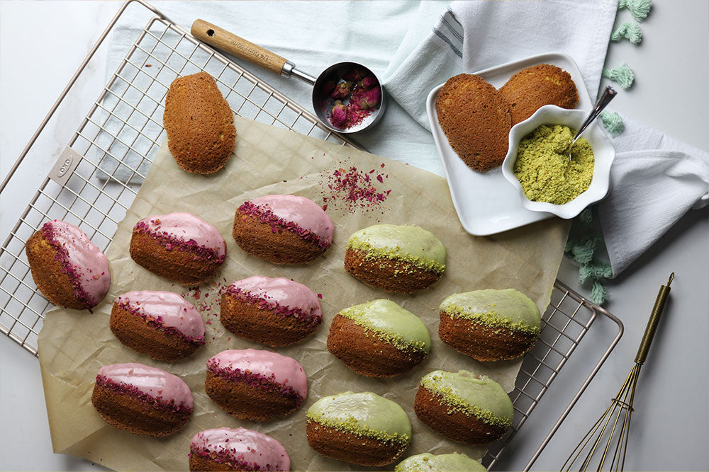 Image of Pistachio Madeleines with Rose and Pistachio Glaze 