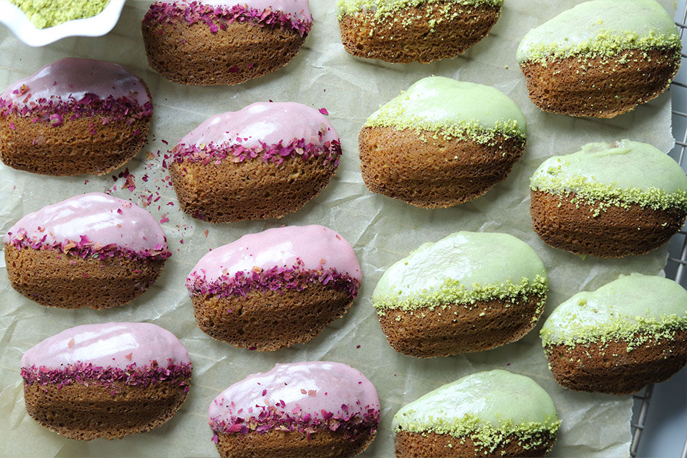 Image of Pistachio flavored Madeleines glazed in Rose and Pistachio Icing